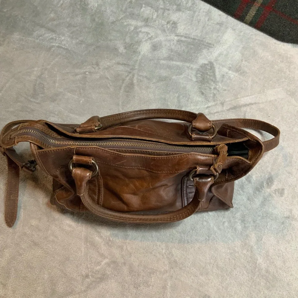 Frye Melissa Cognac Brown Leather Satchel Shoulder Bag Antique Brass Hardware